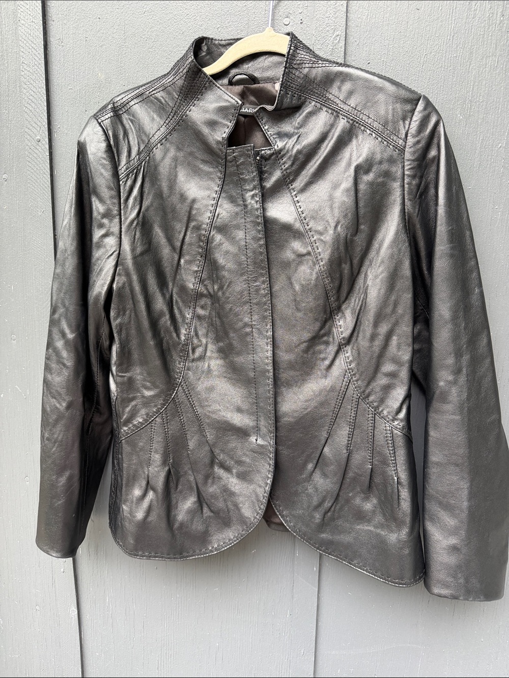Tahari Metallic Gray Leather Jacket with Stand Collar